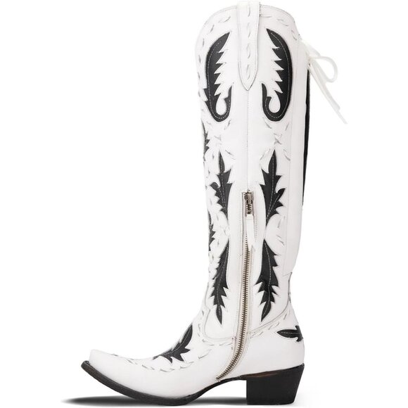 Women's Back Lace Chunky Heel Western Side Zipper Embroidered Black White Boots - Picture 5 of 7